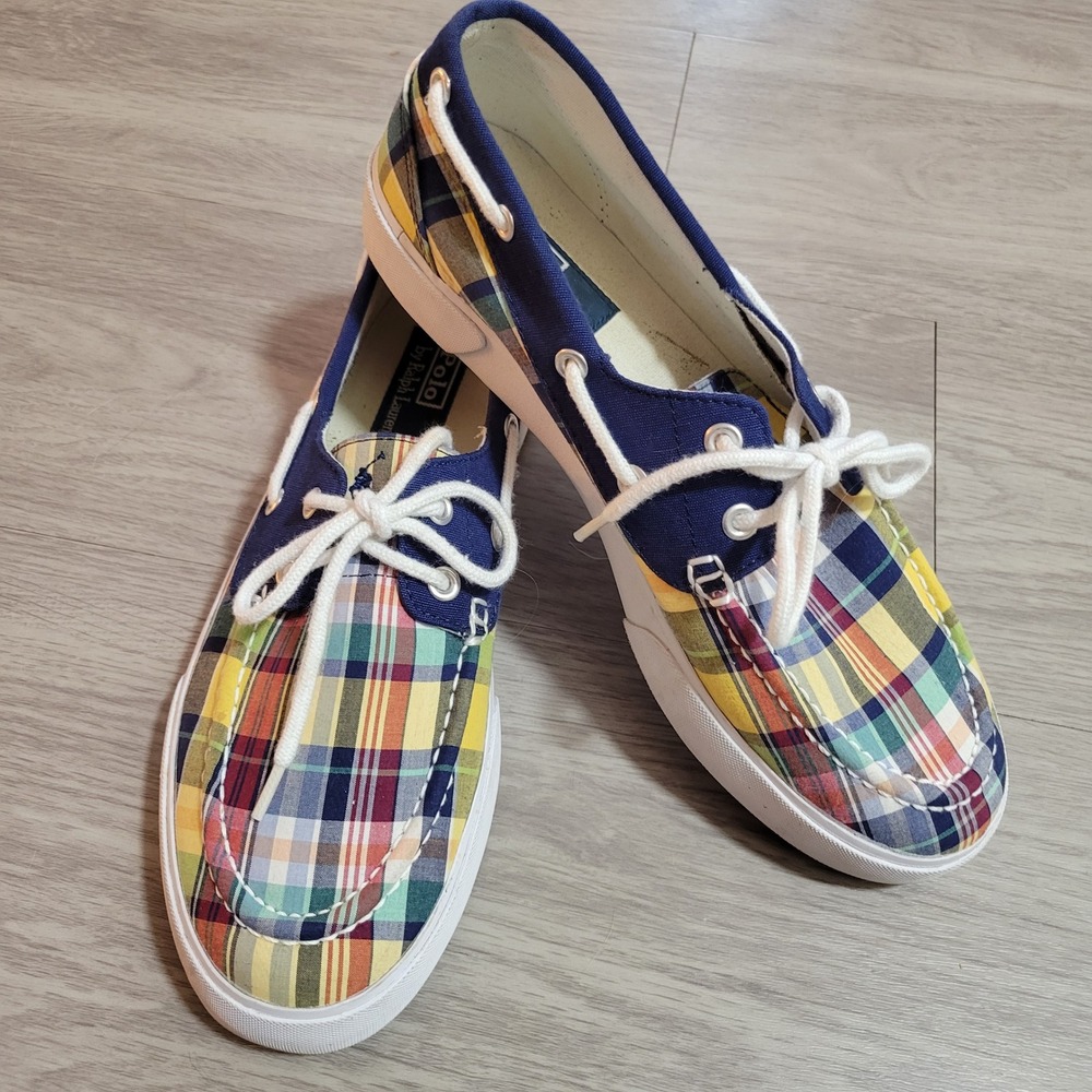 Polo Ralph Lauren Lander Mens 8.5 D Madras Plaid Boat Shoes Multicolor Deck Shoe